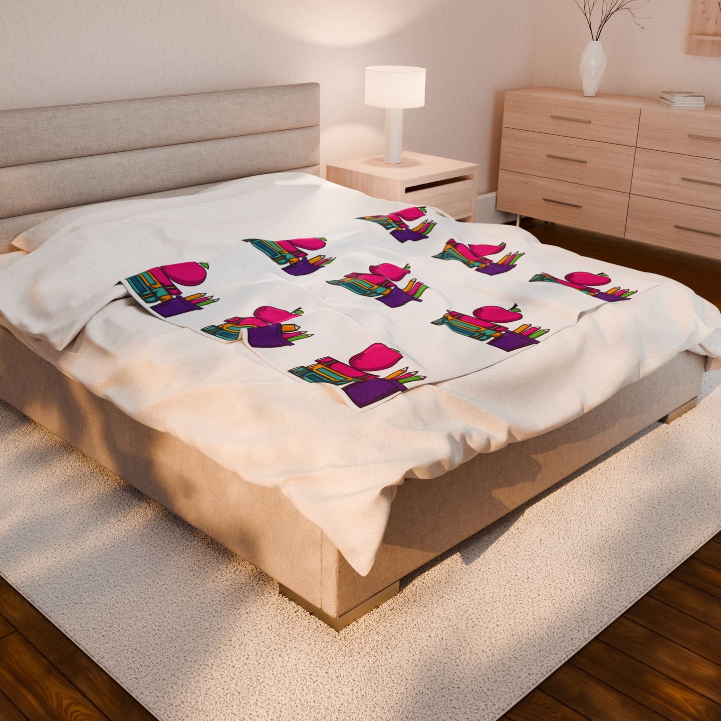White Back-to-School Apple & Books Blanket – Cozy Teacher Gift, Student Dorm Throw, Available in White or Black
