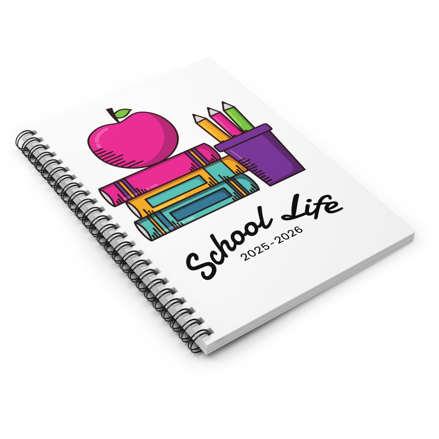 School Life 2025-2026 Spiral Notebook – Cute Pink Apple & Book Design for Students & Teachers