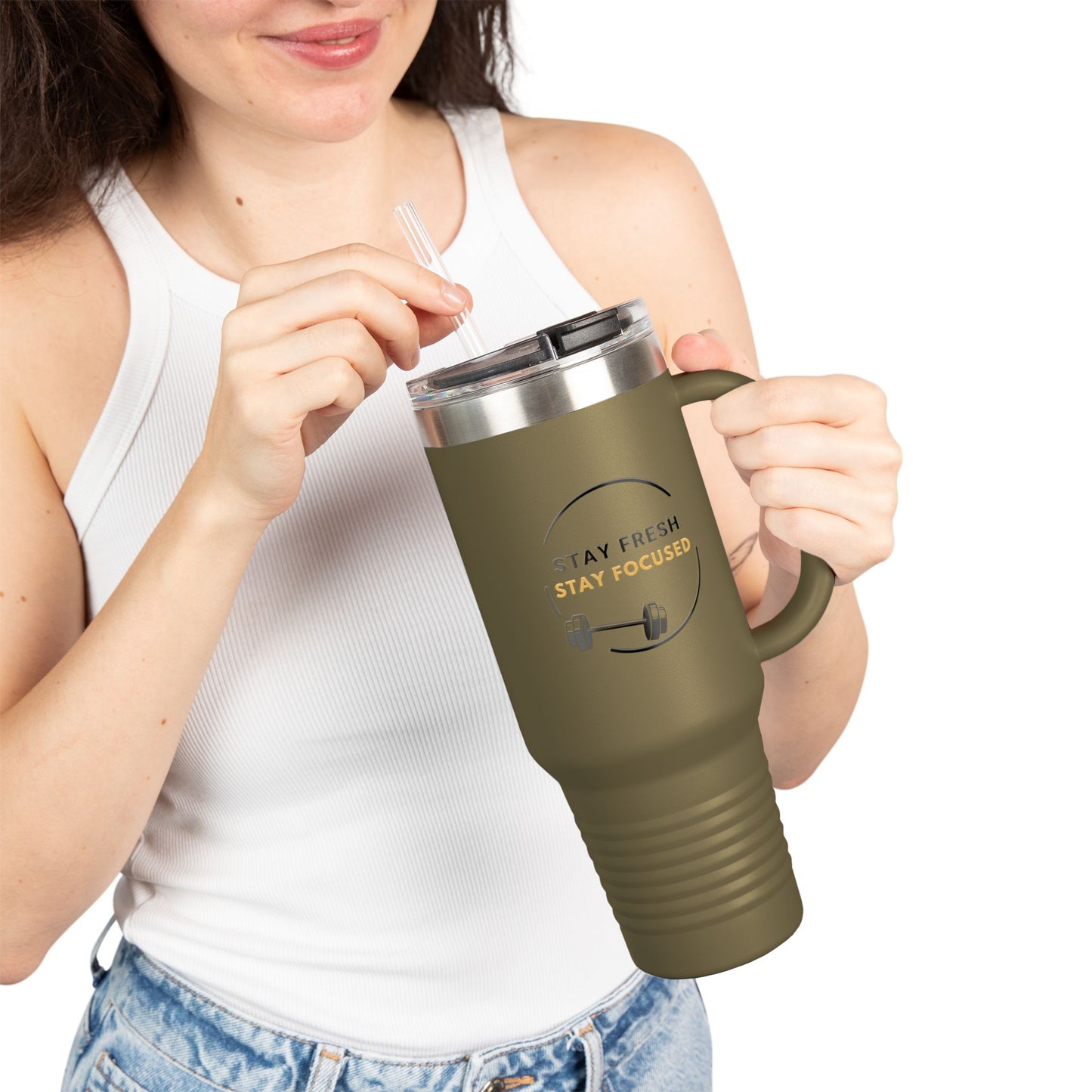 Stay Fresh Stay Focused 40oz Insulated Travel Mug Motivational Stainless-Steel Tumbler for New Years Resolutions Fitness and Hydration Goals