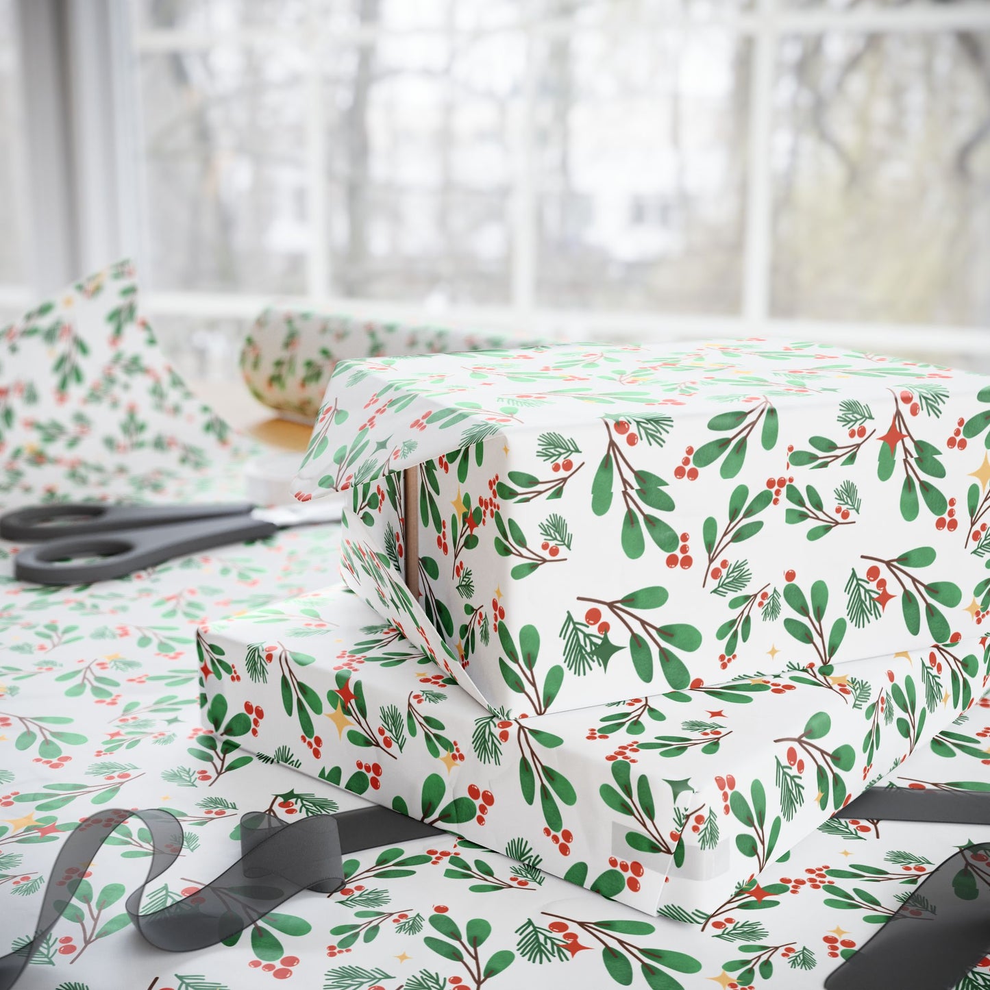 Holly Berry Christmas Wrapping Paper : Festive Holiday Gift Wrap with Greenery & Berries, Perfect for Seasonal Gifts