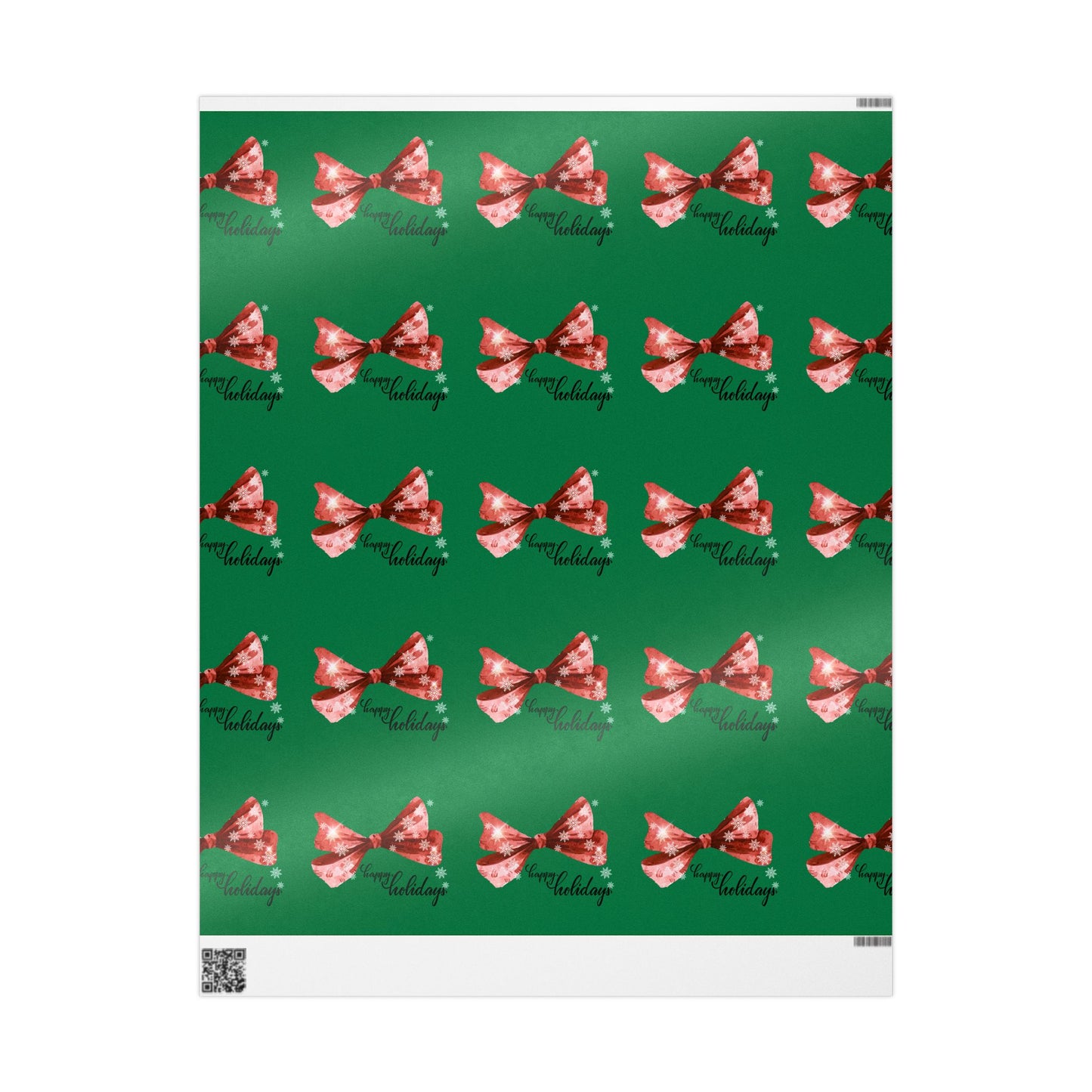 Festive Red Bow Christmas Wrapping Paper : Elegant Green Holiday Gift Wrap with Snowflakes and "Happy Holidays" Script