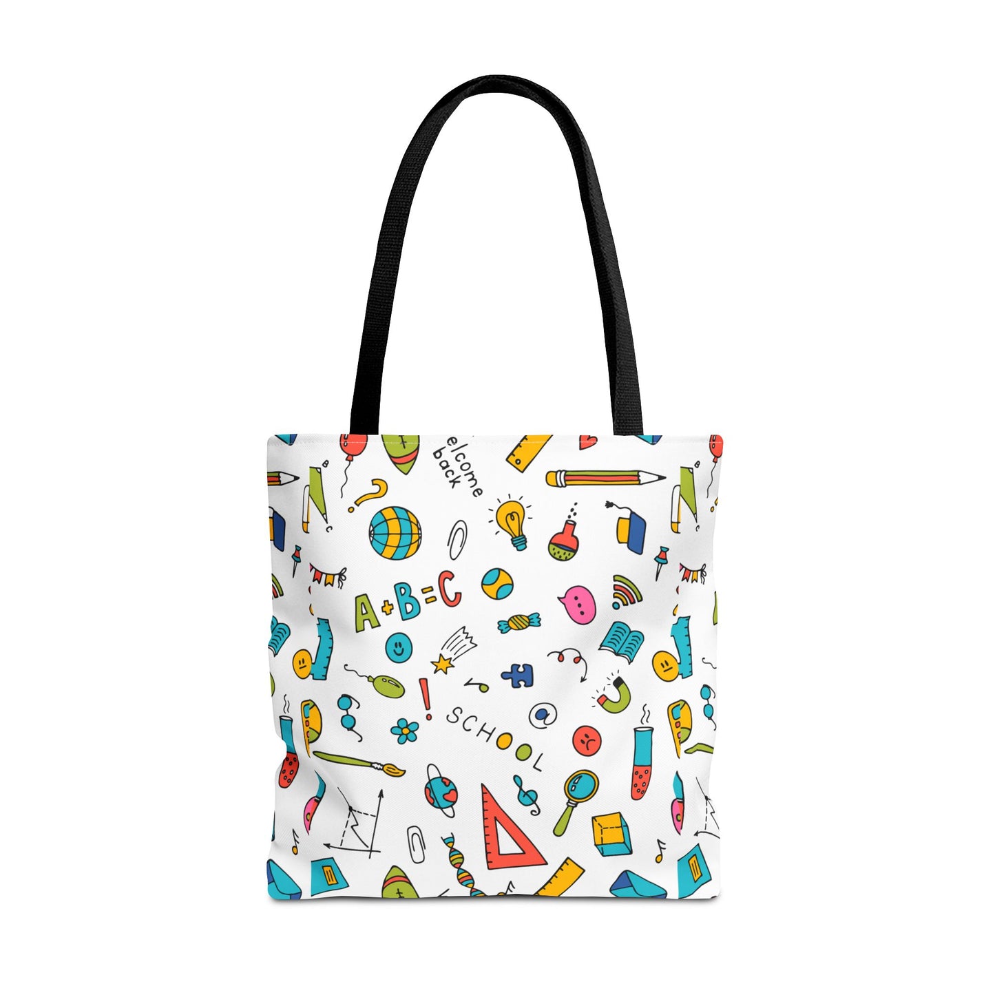 Back-to-School Doodle Print Tote Bag – Colorful School Supply Design in 3 Sizes