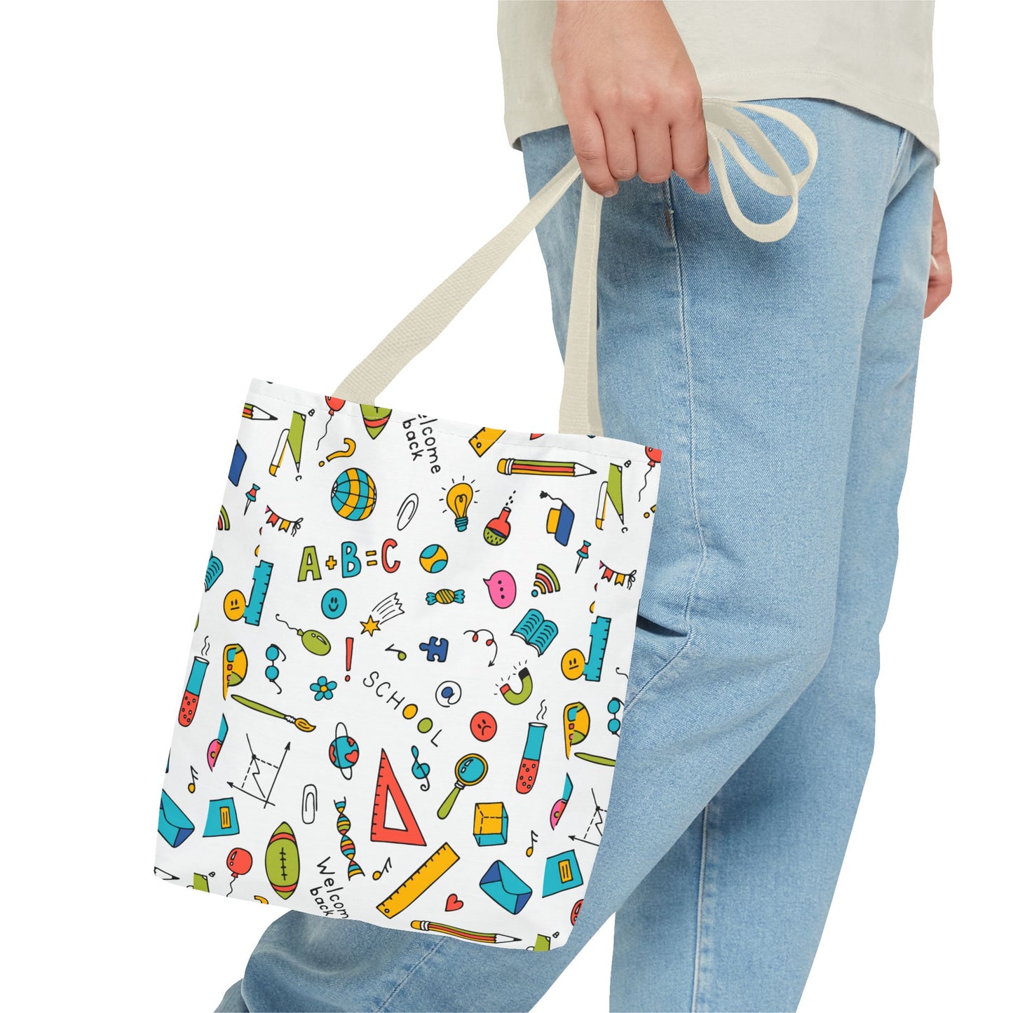 Back-to-School Doodle Print Tote Bag – Colorful School Supply Design in 3 Sizes