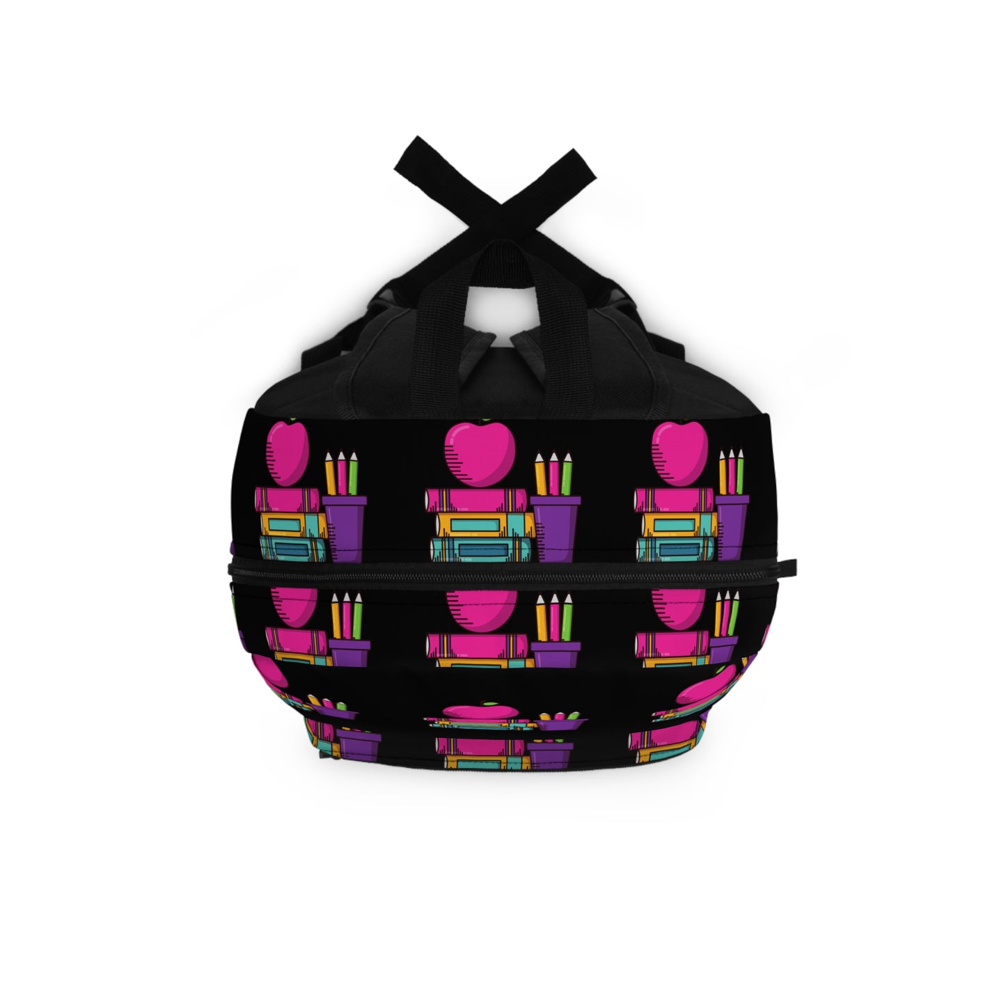 Black Colorful Back-to-School Kids Backpack – Pink Apple & Crayons Pattern