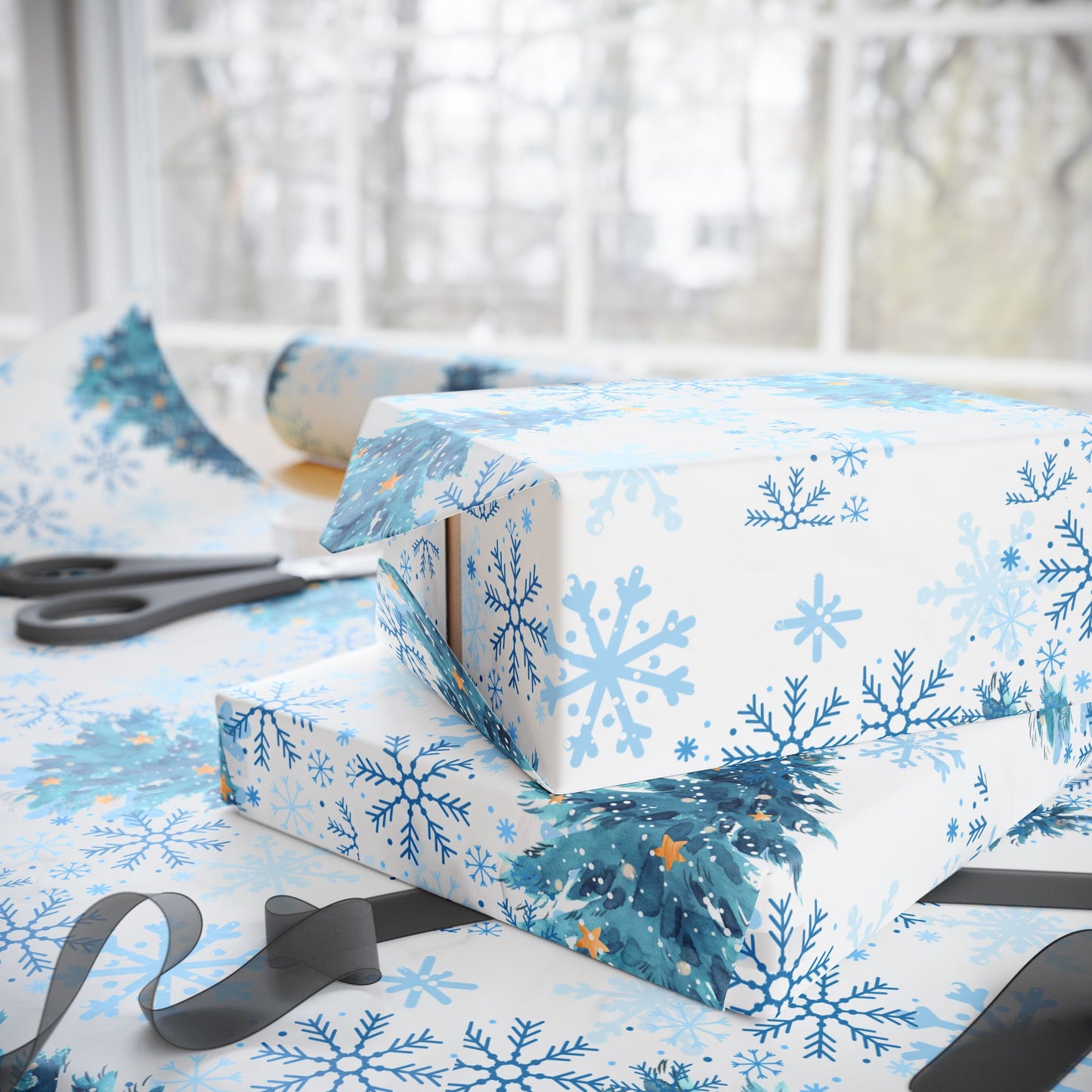 Winter Wonderland Wrapping Paper : Blue Christmas Tree and Snowflake Holiday Gift Wrap, Premium Eco-Friendly Design