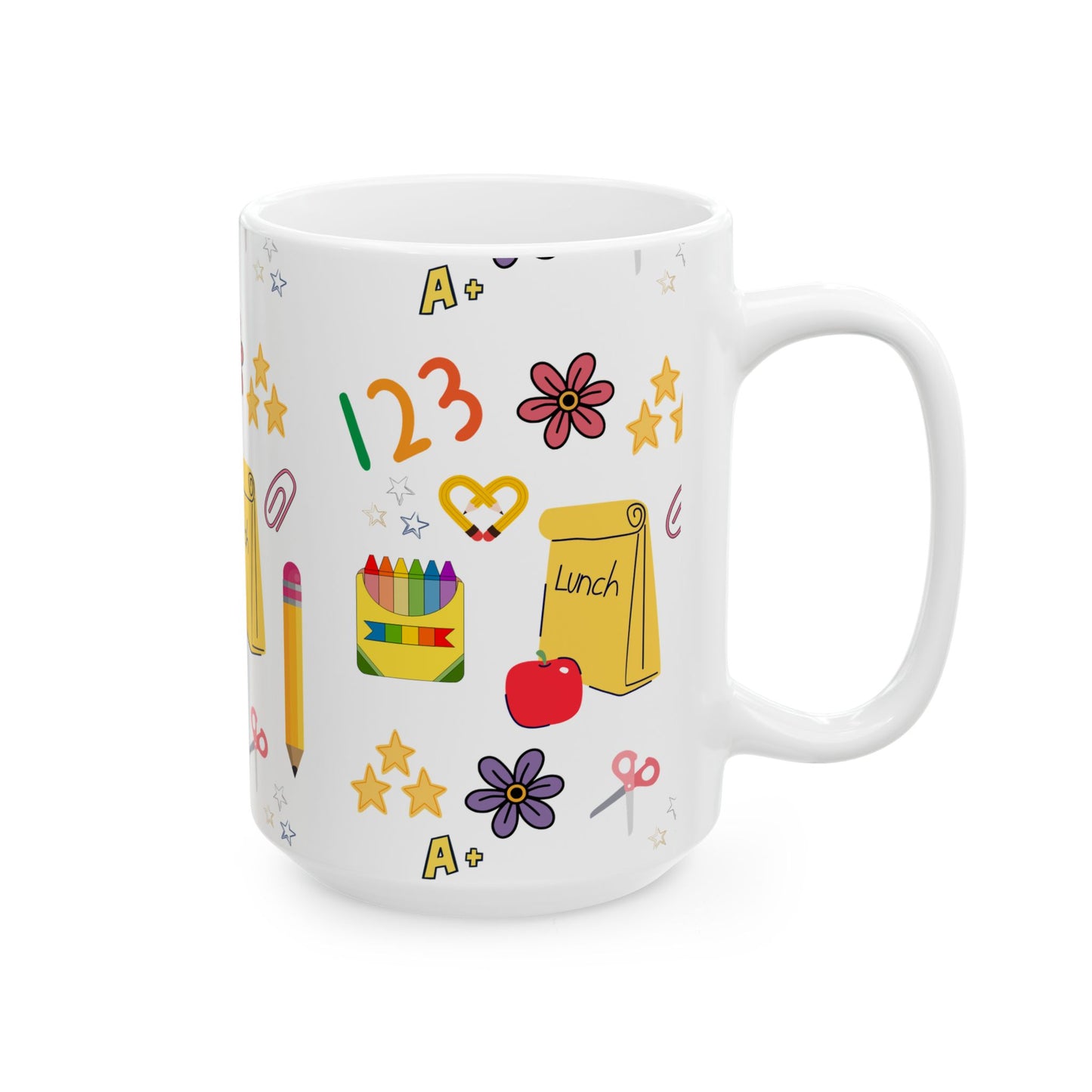 Back to School Teacher Mug – Cute Apple, Lunch & Crayon Design – Ceramic Coffee Cup in 11oz or 15oz – Teacher Gift for Women or Moms