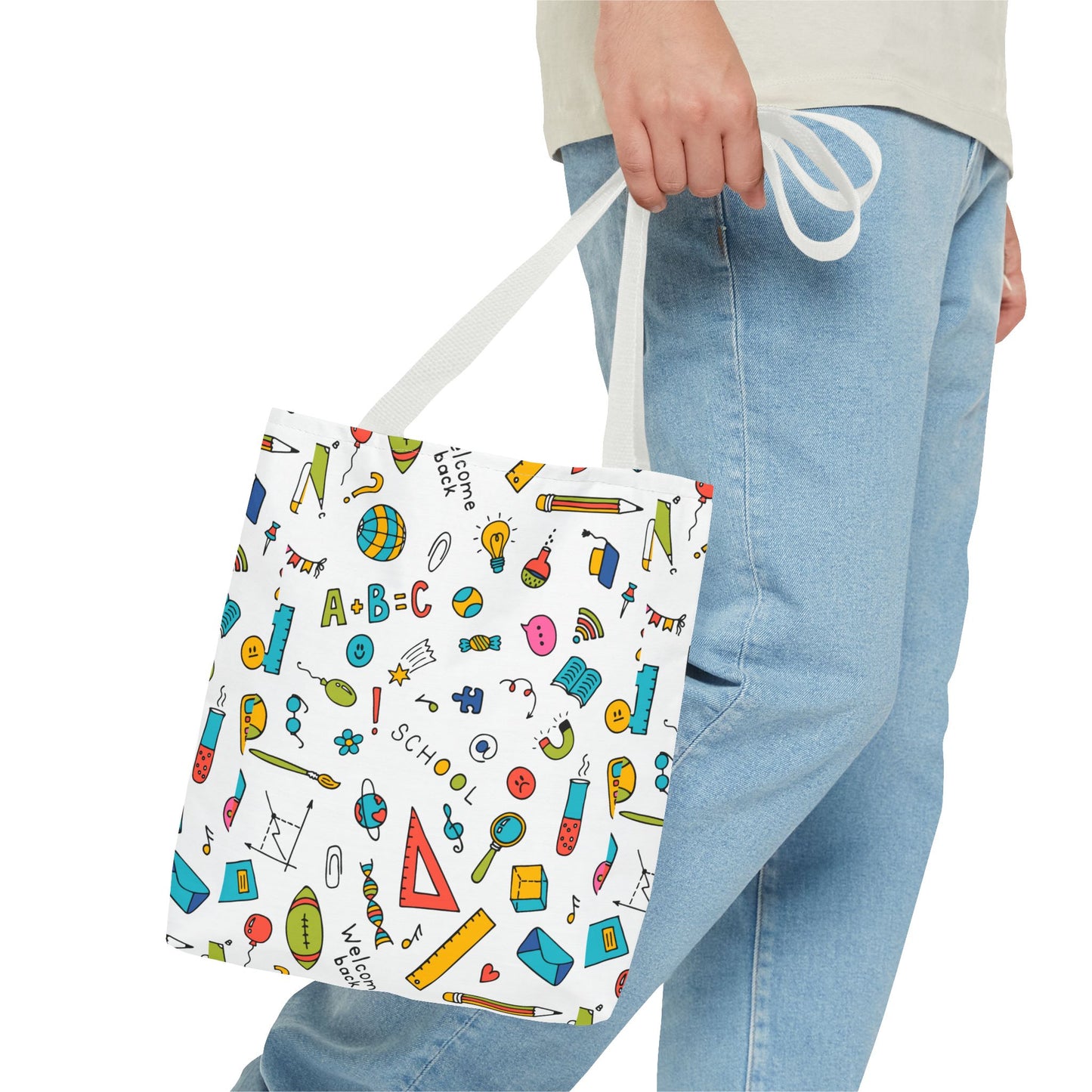 Back-to-School Doodle Print Tote Bag – Colorful School Supply Design in 3 Sizes