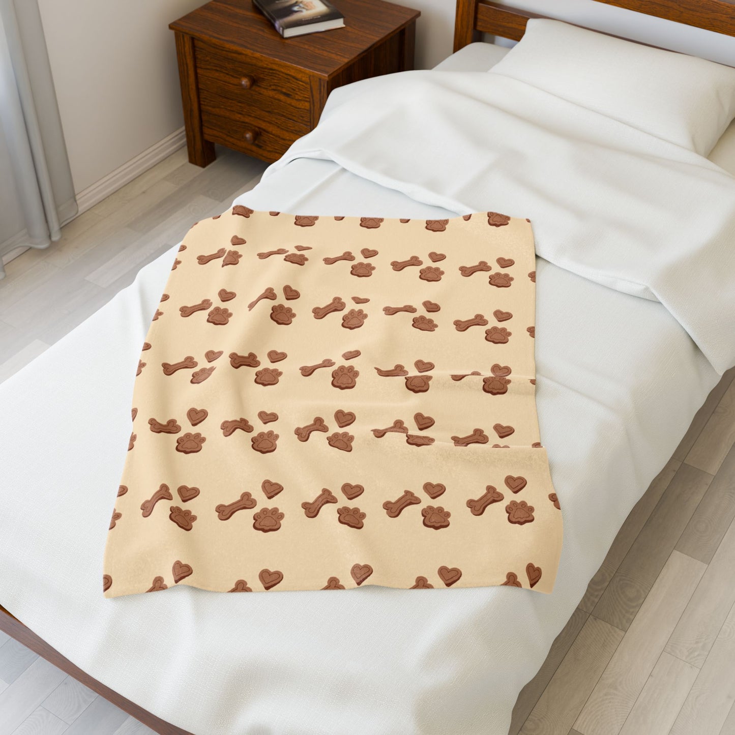 Dog Mom Cozy Blanket - Plush Beige Velveteen Throw with Paw & Bone Print (3 Sizes)
