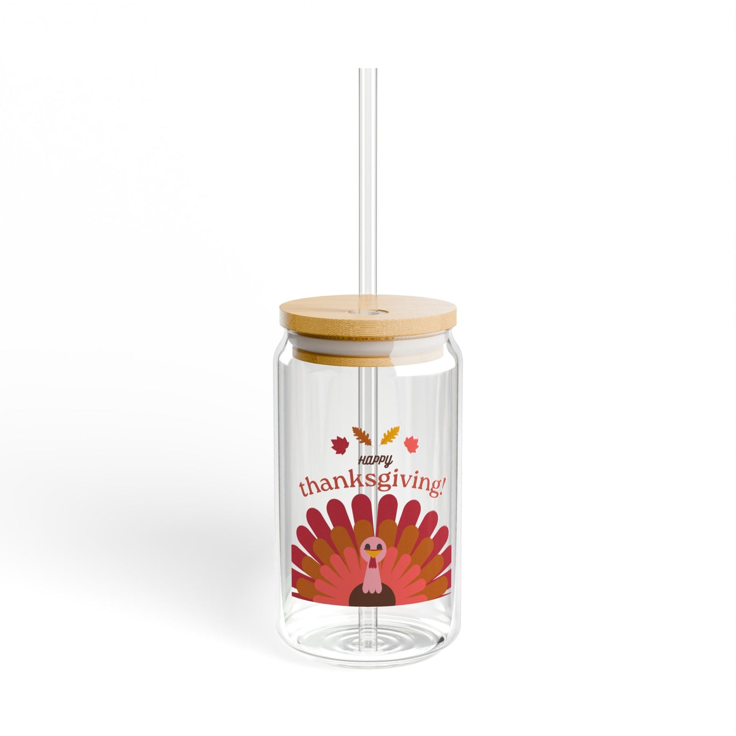 Happy Thanksgiving Sipper Glass - Fun 16oz Turkey Design with Bamboo Lid & Straw for Holiday Celebrations
