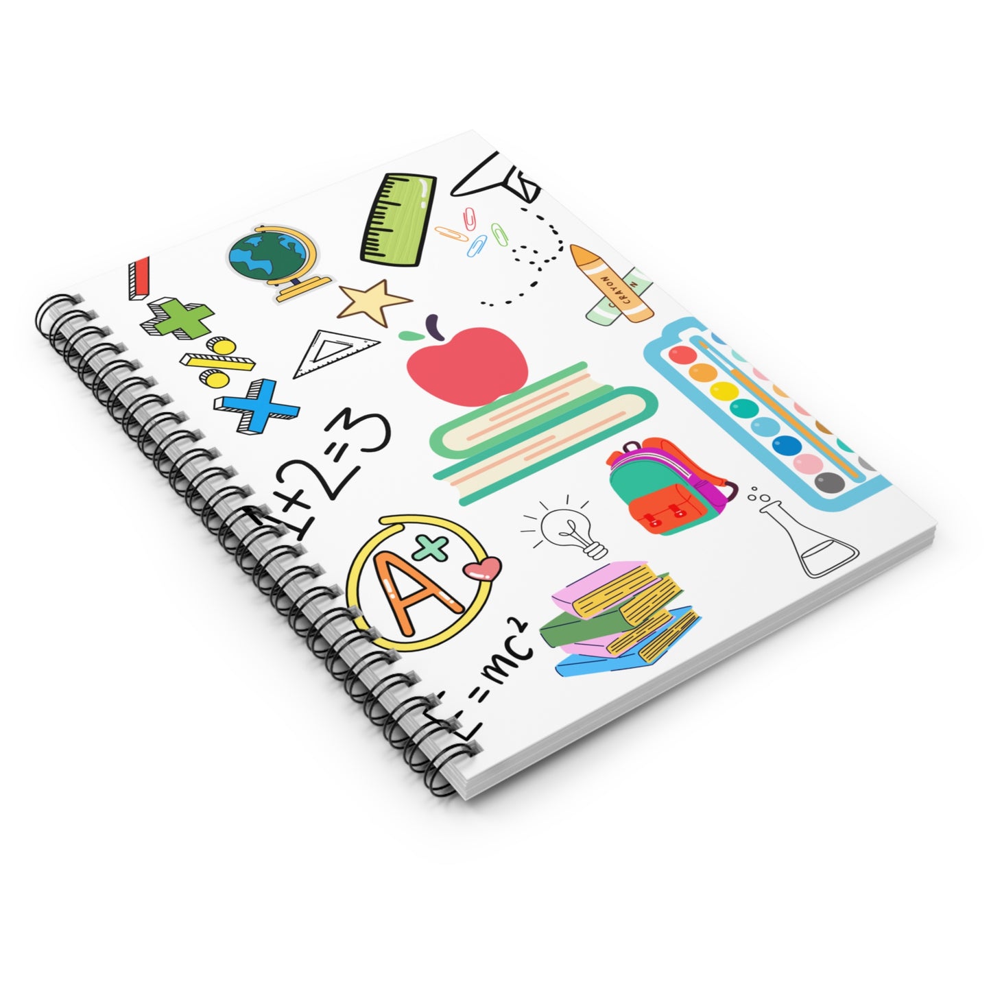 Notebook with educational illustrations on a white background