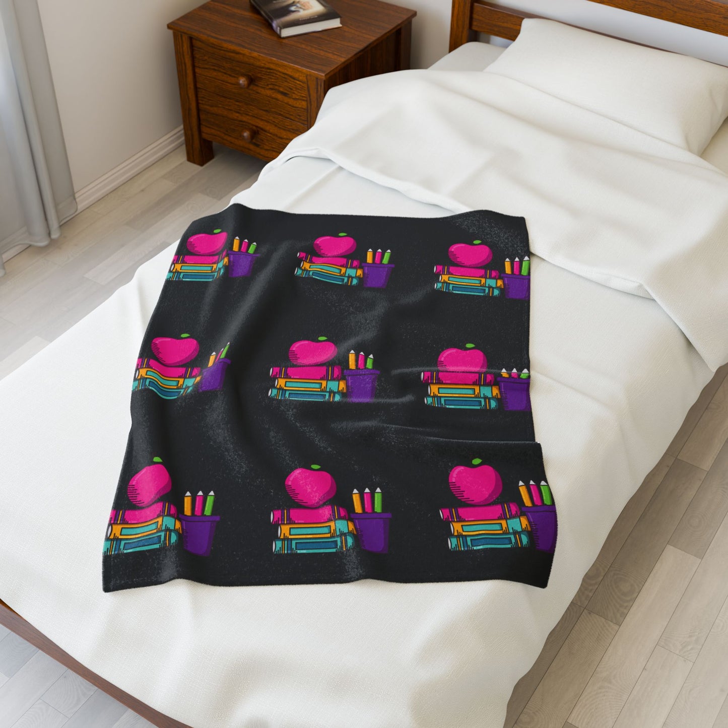 Black Back-to-School Apple & Books Blanket – Cozy Teacher Gift, Student Dorm Throw, Available in White or Black