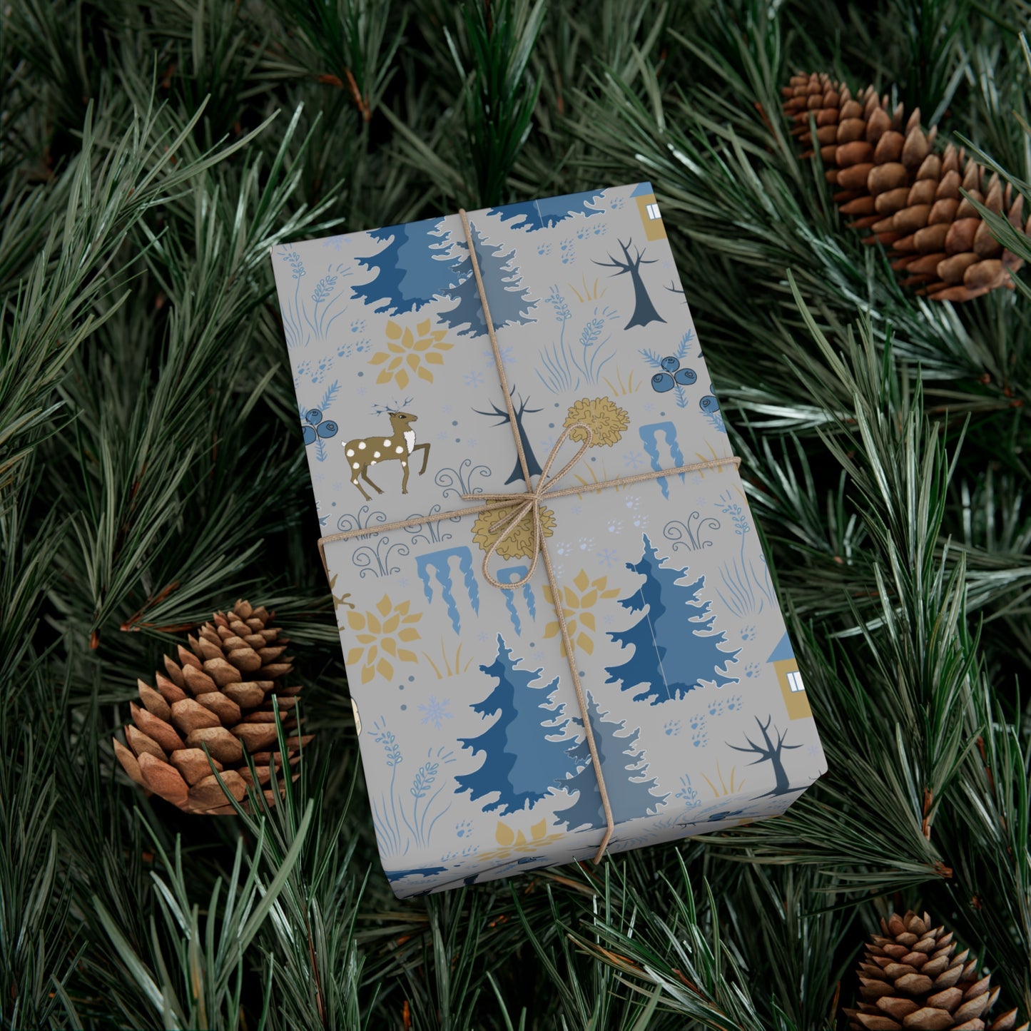 Winter Forest Scene Wrapping Paper: Blue & Grey - Eco-Friendly Christmas Gift Wrap Available in Satin and Matte