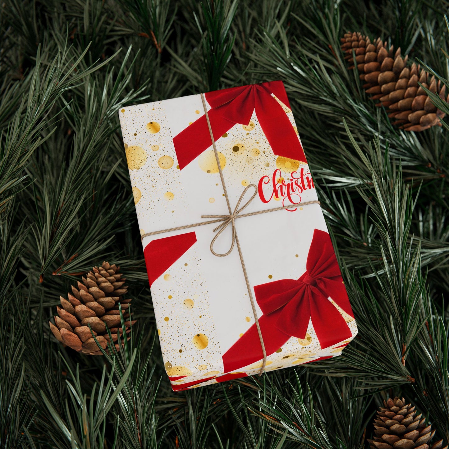 Red Ribbon Christmas Wrapping Paper : Elegant Holiday Gift Wrap with Gold Accents and Festive Script, Perfect for Christmas Gifts