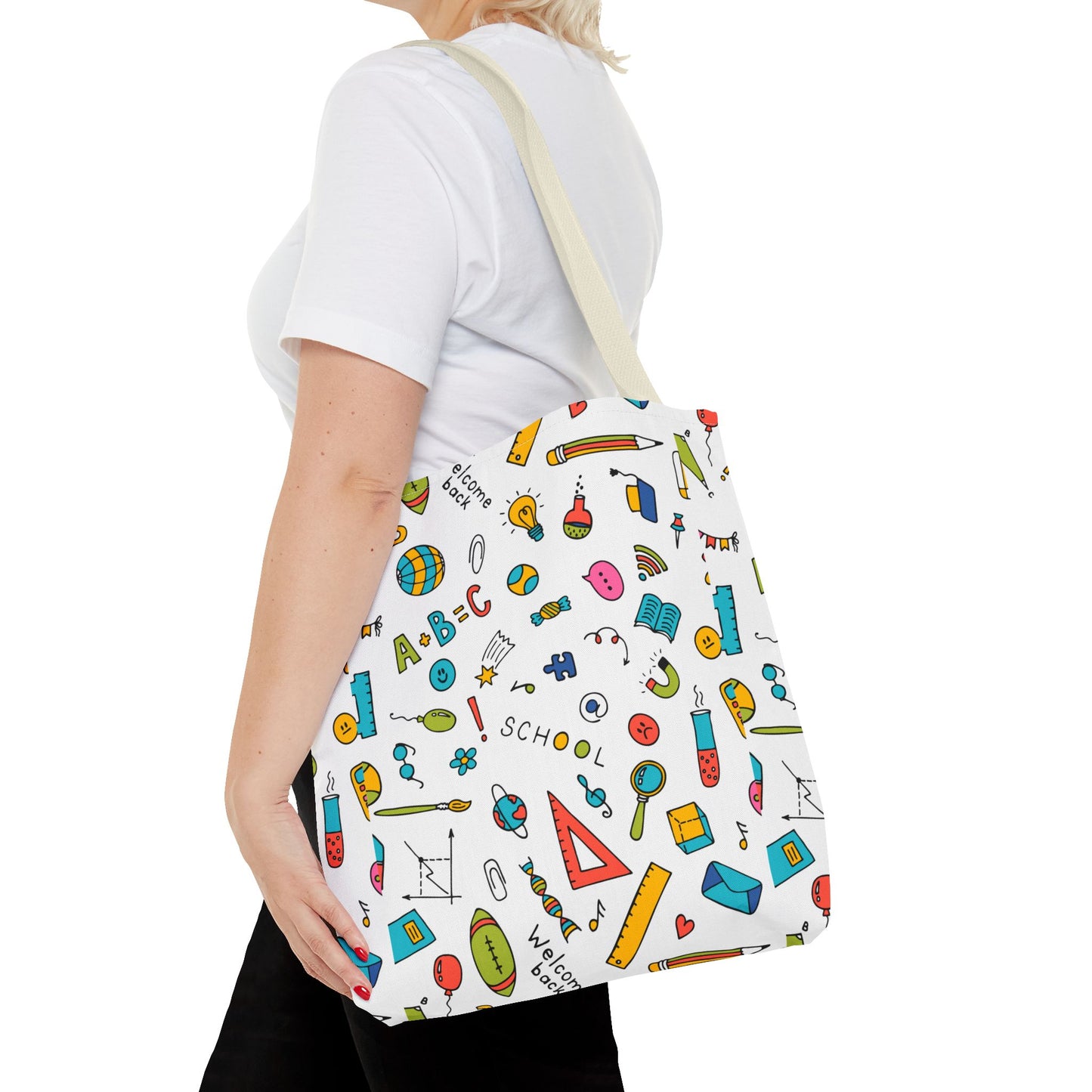 Back-to-School Doodle Print Tote Bag – Colorful School Supply Design in 3 Sizes
