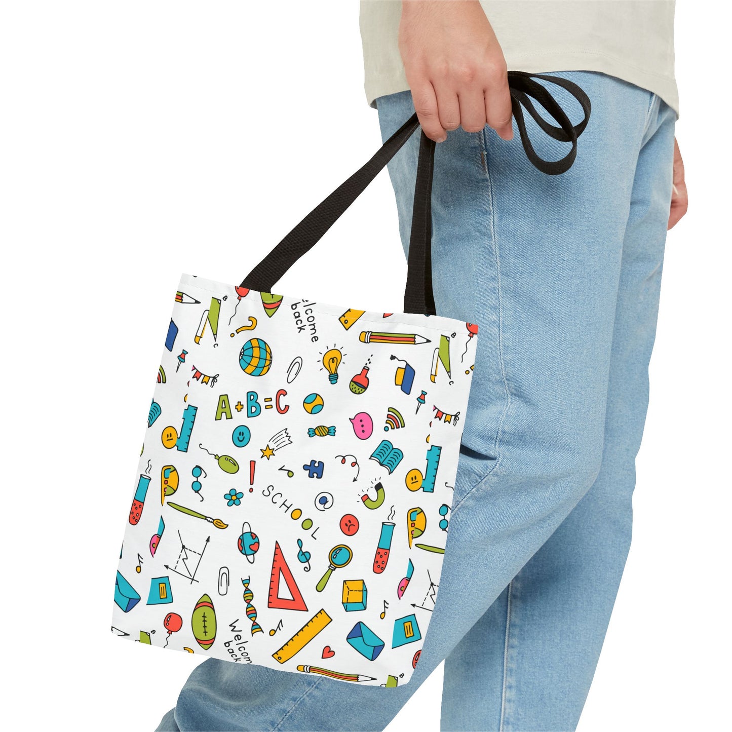 Back-to-School Doodle Print Tote Bag – Colorful School Supply Design in 3 Sizes