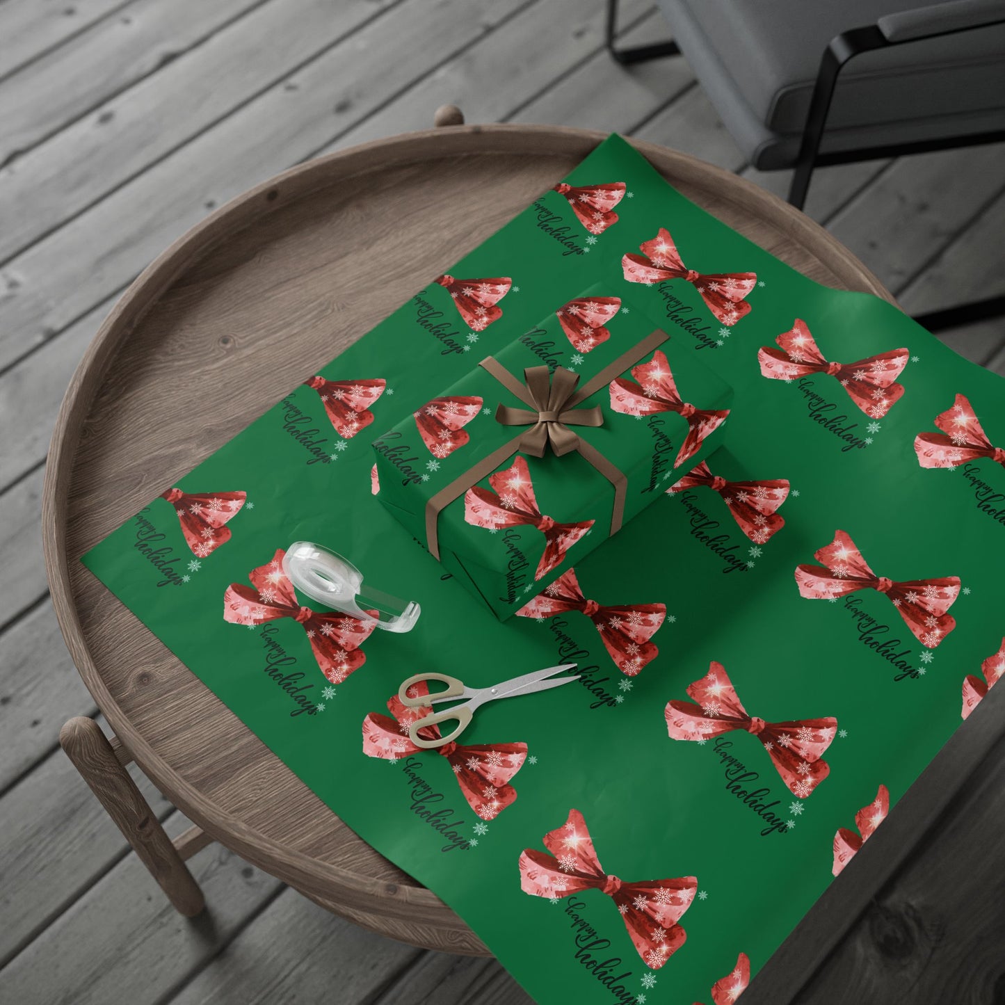 Festive Red Bow Christmas Wrapping Paper : Elegant Green Holiday Gift Wrap with Snowflakes and "Happy Holidays" Script