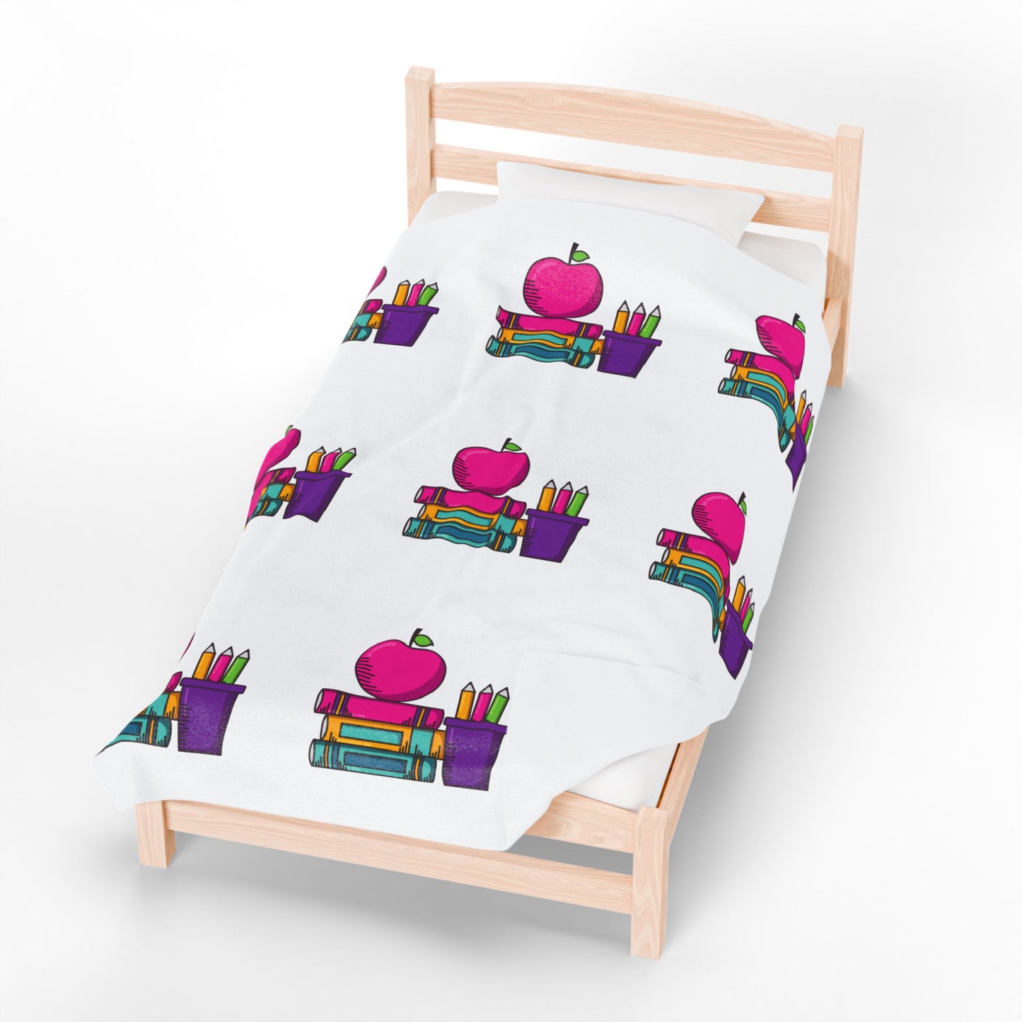 White Back-to-School Apple & Books Blanket – Cozy Teacher Gift, Student Dorm Throw, Available in White or Black