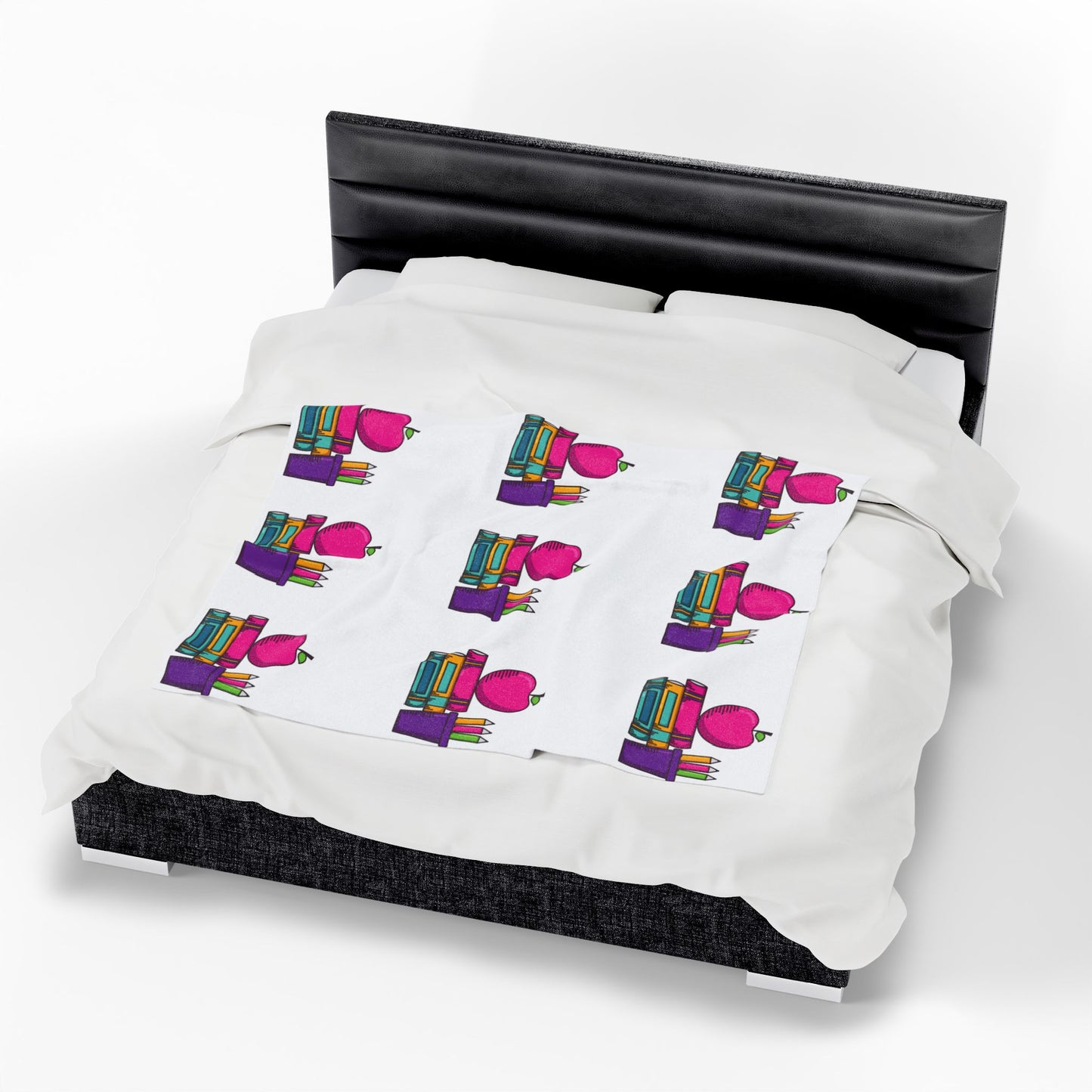 White Back-to-School Apple & Books Blanket – Cozy Teacher Gift, Student Dorm Throw, Available in White or Black