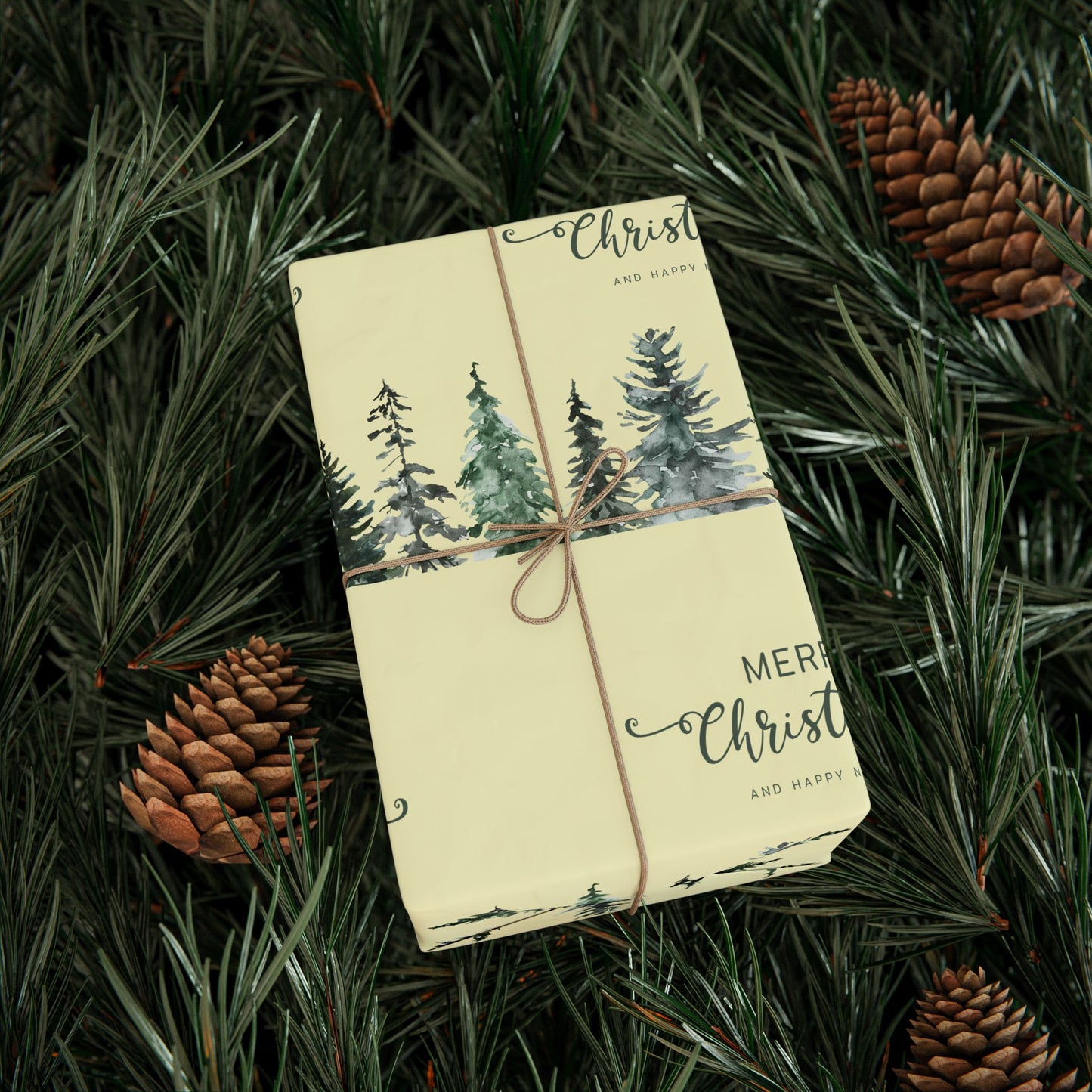 Elegant Evergreen Christmas Wrapping Paper : Minimalist Holiday Gift Wrap with Trees & Script Text, Perfect for Formal Gifting
