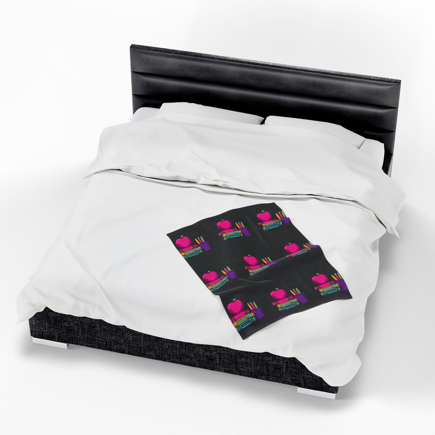 Black Back-to-School Apple & Books Blanket – Cozy Teacher Gift, Student Dorm Throw, Available in White or Black