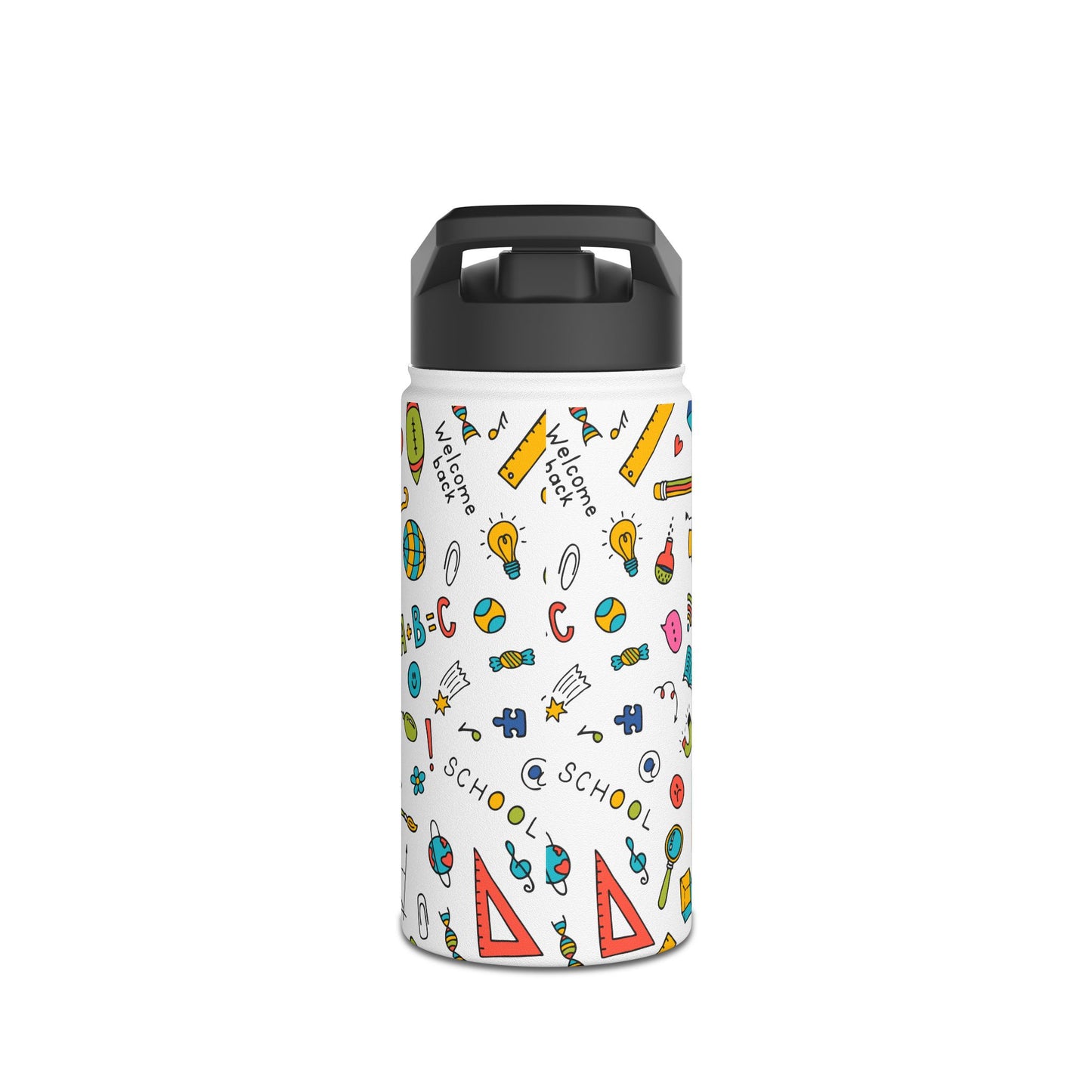 Back-to-School Stainless Steel Water Bottle – Colorful School Supplies Design, BPA-Free, 12oz/18oz/32oz