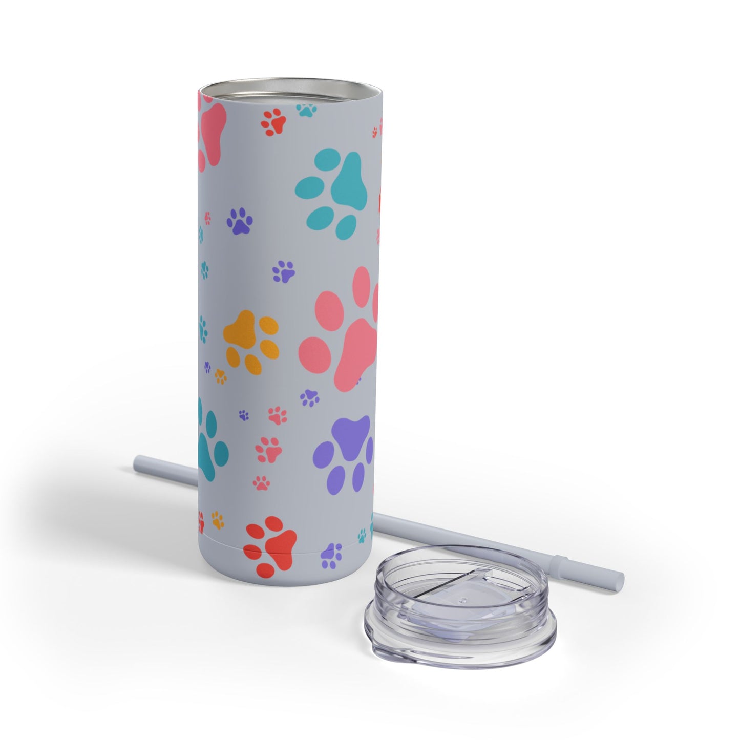 Dog Paw Print 20oz Skinny Tumbler – Colorful Dog Mom Travel Cup, Hot & Cold Drink Tumbler with Straw