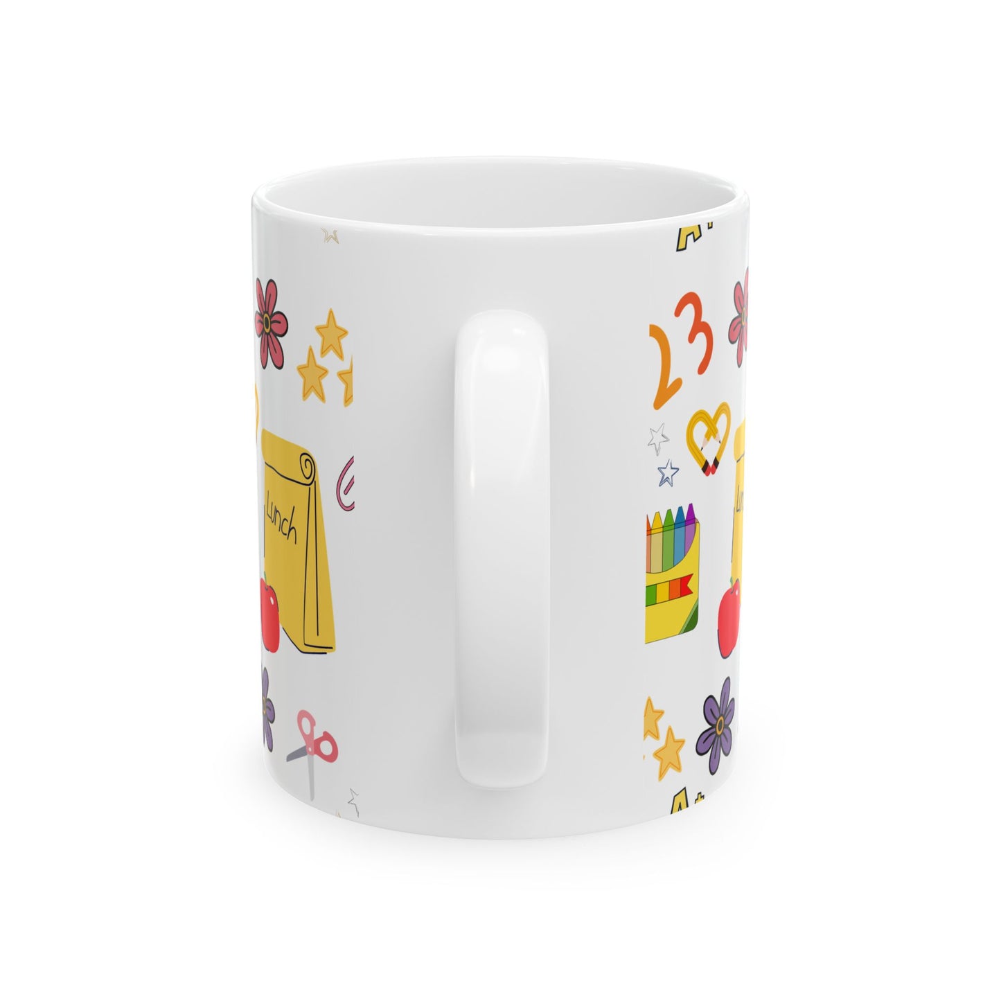 Back to School Teacher Mug – Cute Apple, Lunch & Crayon Design – Ceramic Coffee Cup in 11oz or 15oz – Teacher Gift for Women or Moms