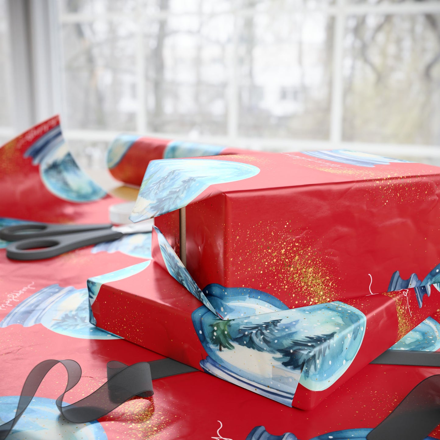 Red Snow Globe Christmas Wrapping Paper : Festive Holiday Gift Wrap with High-Quality Fine Art Print, Perfect for Christmas Gifts