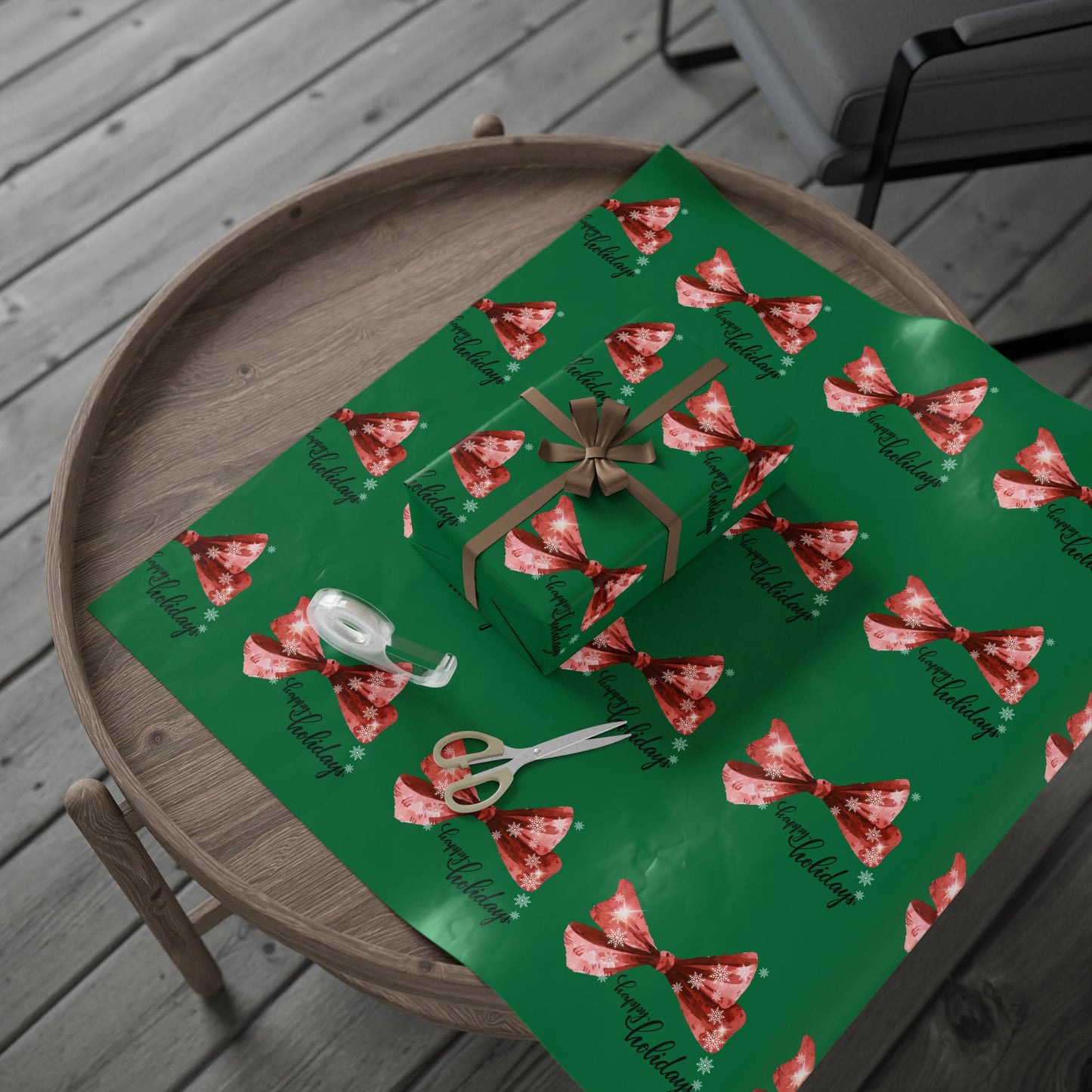 Festive Red Bow Christmas Wrapping Paper : Elegant Green Holiday Gift Wrap with Snowflakes and "Happy Holidays" Script