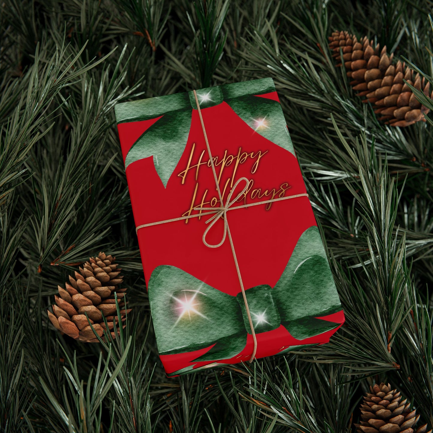 Festive Red Bow Wrapping Paper : Elegant Holiday Gift Wrap with Green Bow & 'Happy Holidays' Script, Perfect for Christmas Gifts