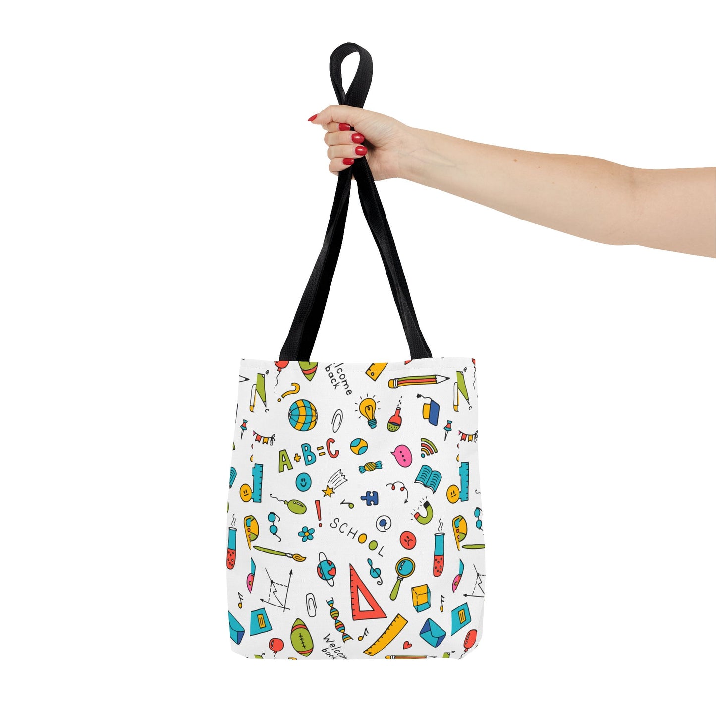 Back-to-School Doodle Print Tote Bag – Colorful School Supply Design in 3 Sizes