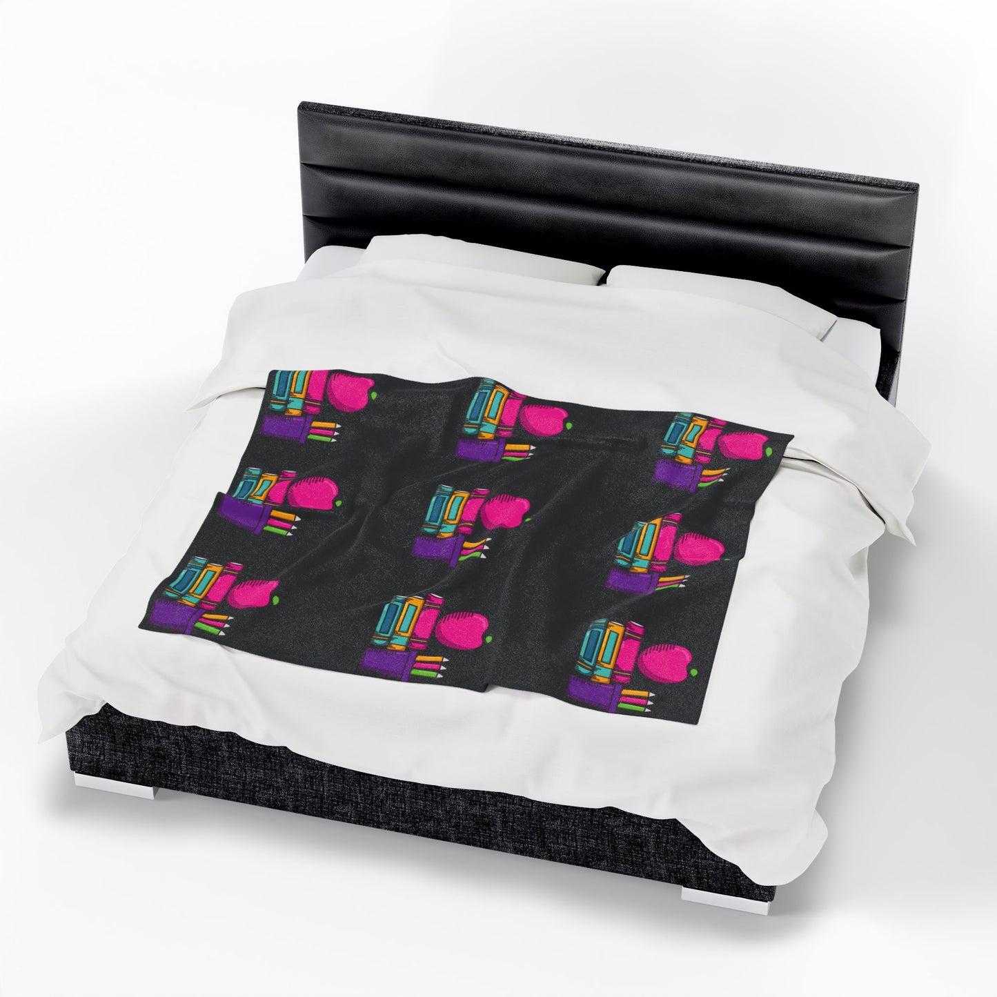 Black Back-to-School Apple & Books Blanket – Cozy Teacher Gift, Student Dorm Throw, Available in White or Black