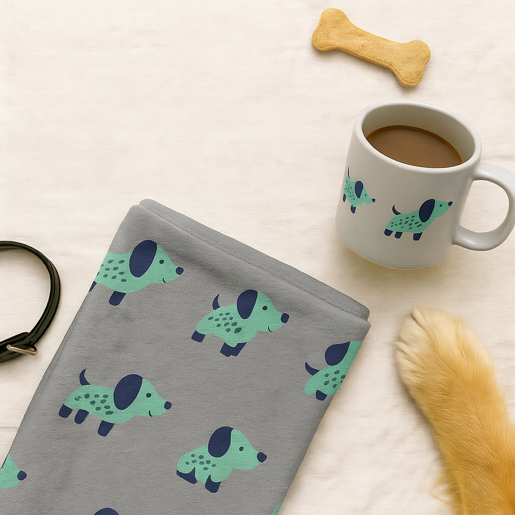 Flat lay of dog lover gift ideas featuring a cute puppy print blanket, matching dog mug, bone treat, leather collar, and dog paw — cozy essentials for millennial pet parents and National Dog Day gifts.