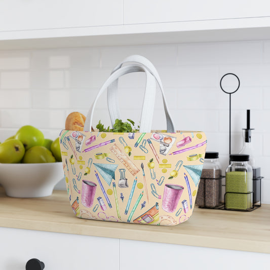Back-to-School Lunch Bag for Kids & Adults | Neoprene Tote with Fun School Supply Print | Magnetic Closure | Reusable & Insulated