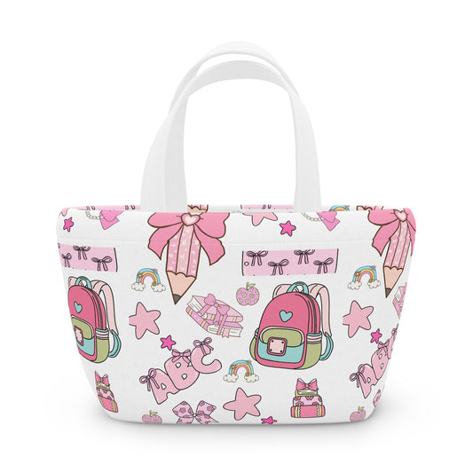 Kawaii School Lunch Bag for Kids – Cute Pink Neoprene Tote with Back-to-School Icons