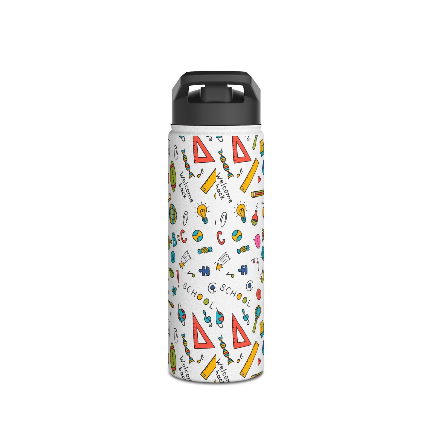 Back-to-School Stainless Steel Water Bottle – Colorful School Supplies Design, BPA-Free, 12oz/18oz/32oz