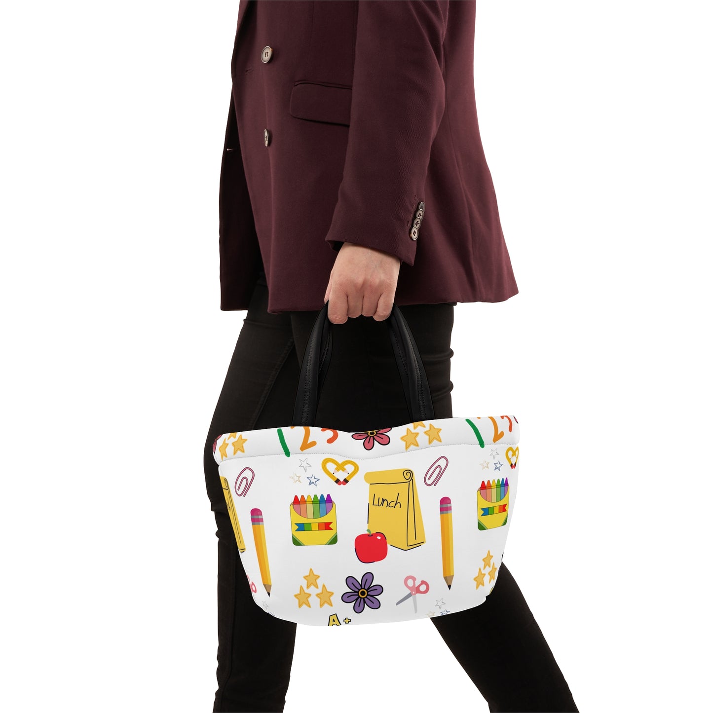 Back-to-School Lunch Bag | Colorful Apple & Books Print | Insulated Tote for Kids, Teachers, Moms | Stylish & Functional