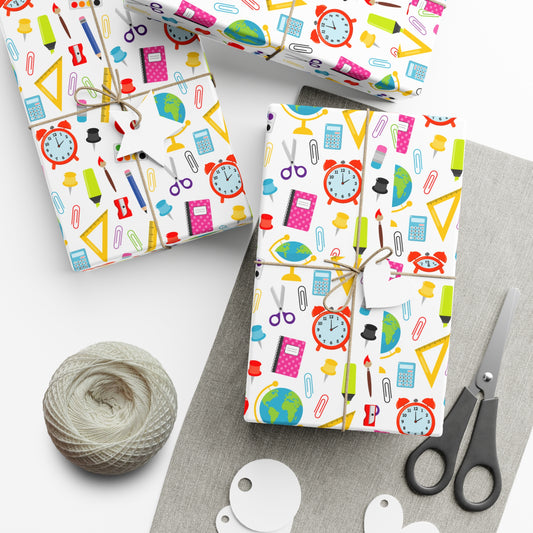Back-to-School Wrapping Paper – Colorful School Supplies Gift Wrap | Matte or Satin | 3 Sizes