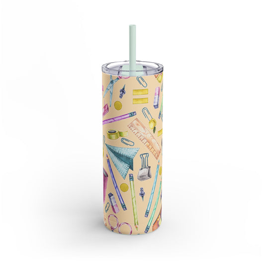 Back-to-School 20oz Skinny Tumbler – Colorful School Supplies Design, Insulated Stainless Steel Travel Cup with Straw