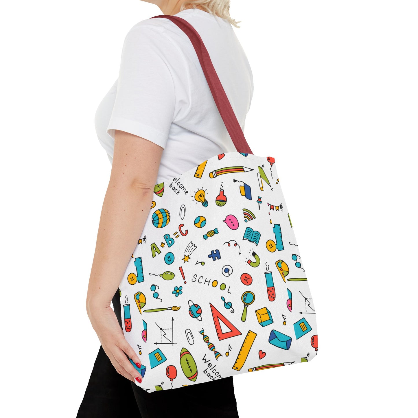 Back-to-School Doodle Print Tote Bag – Colorful School Supply Design in 3 Sizes