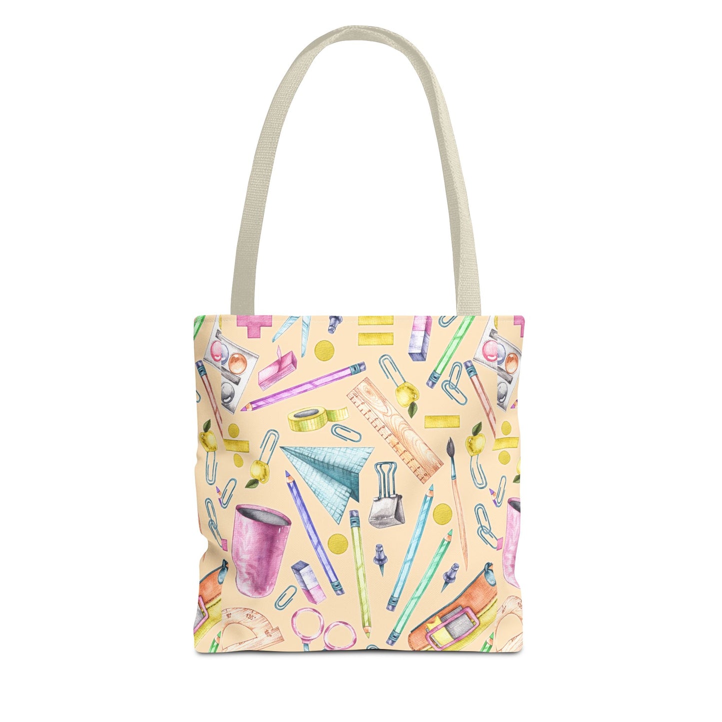 Back-to-School Essentials Tote Bag – Vibrant Stationery Pattern, 3 Sizes, Stylish & Durable