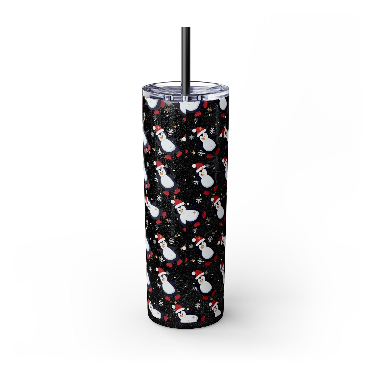 Black Glitter Penguin Skinny Tumbler 20oz | Festive Insulated Drinkware
