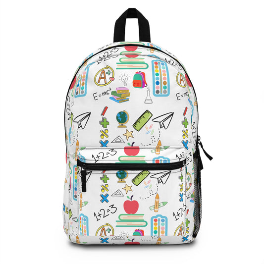 White backpack with colorful classroom icons including apples, books, rulers, and paper planes — perfect for teachers, moms, and students during back-to-school season.