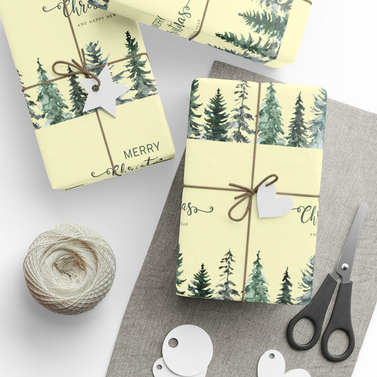 Elegant Evergreen Christmas Wrapping Paper : Minimalist Holiday Gift Wrap with Trees & Script Text, Perfect for Formal Gifting