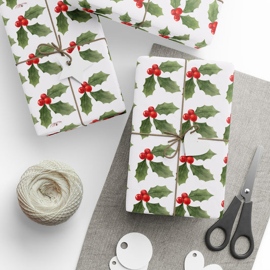 Holly Berry Christmas Wrapping Paper : Elegant Holiday Gift Wrap with Festive Green & Red Design, Perfect for Christmas Gifts