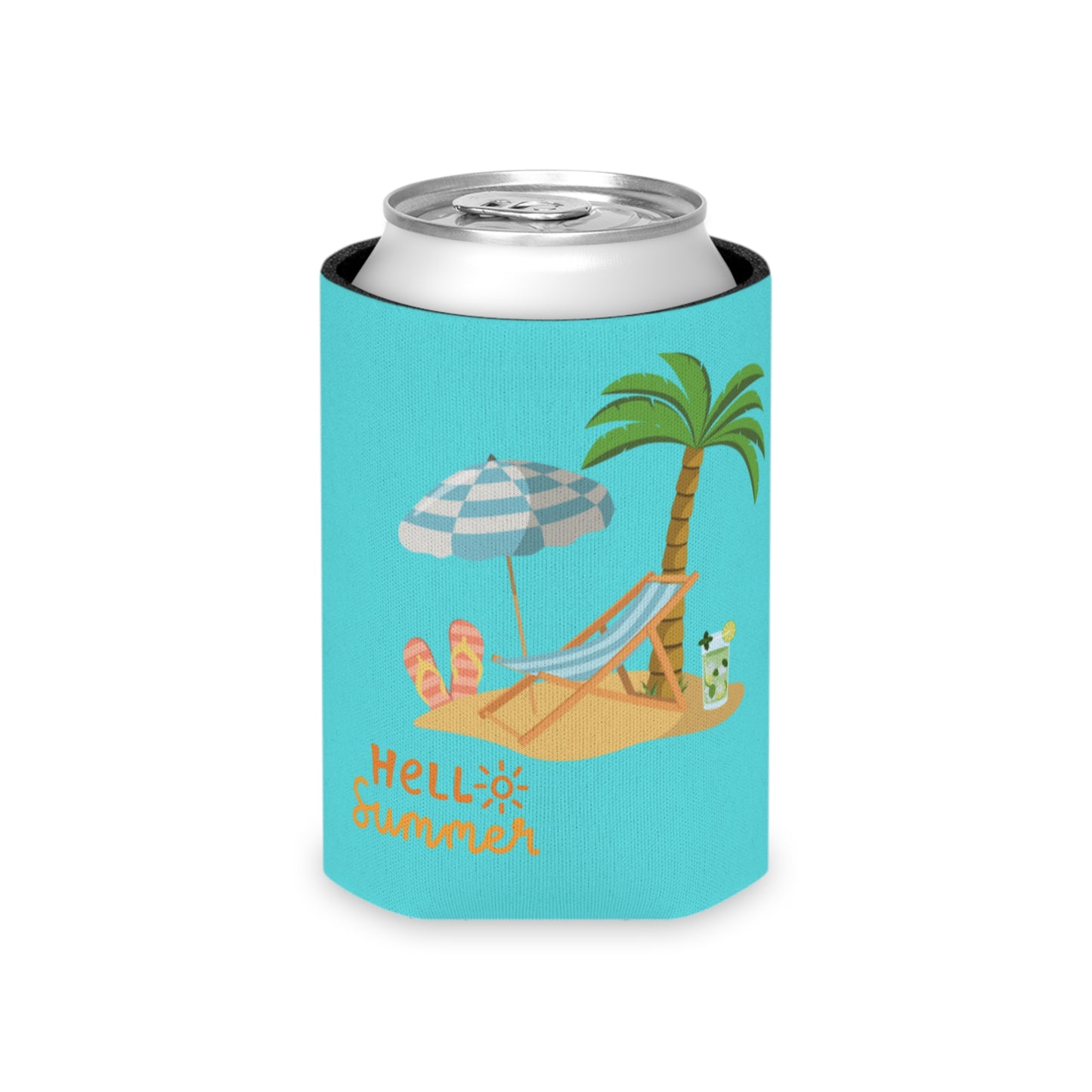 "Hello Summer Bright Teal Koozie: Island Design Can Cooler - Customizable and Cool