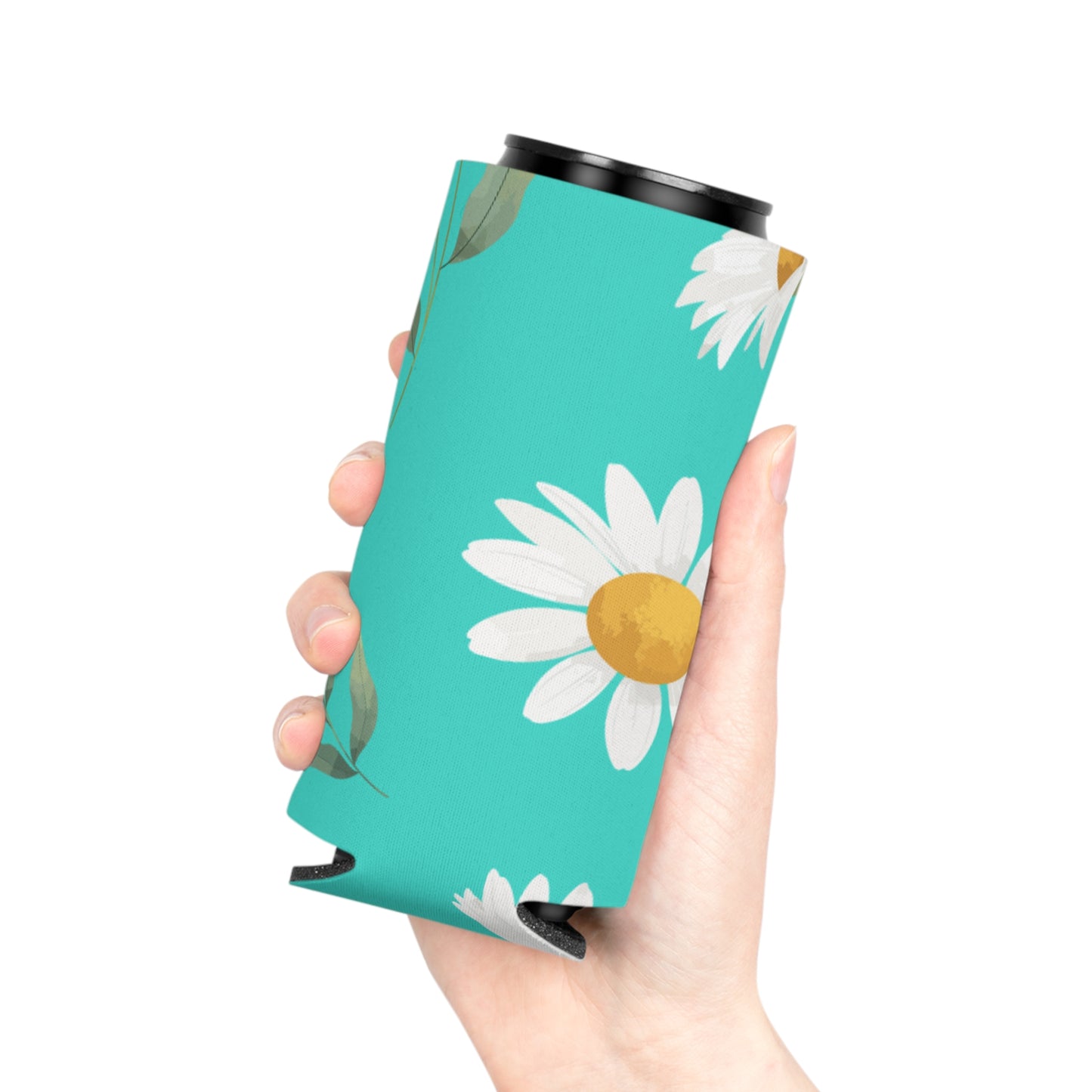 Summer Vibes Koozie: Bright Teal with White Daisy Pattern - Keep Your Drinks Cool in Style!