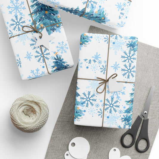 Winter Wonderland Wrapping Paper : Blue Christmas Tree and Snowflake Holiday Gift Wrap, Premium Eco-Friendly Design