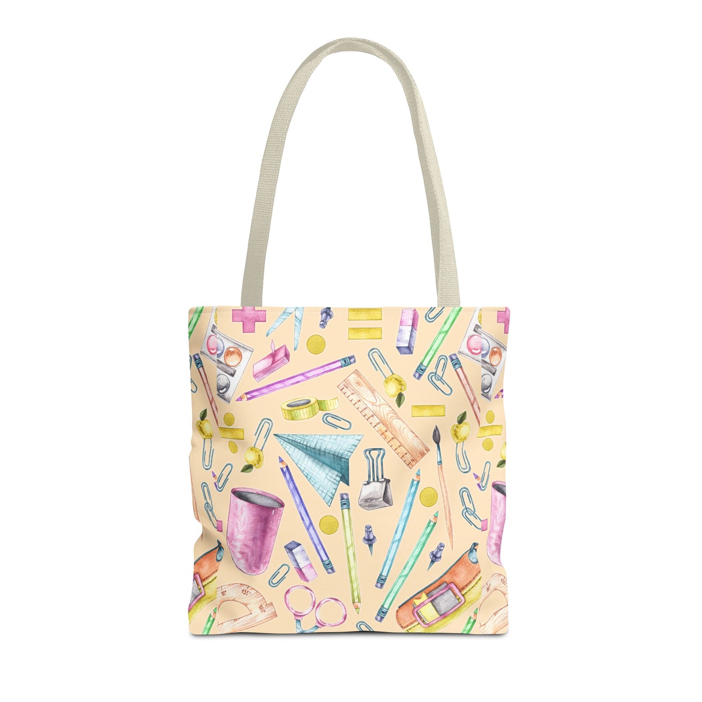 Back-to-School Essentials Tote Bag – Vibrant Stationery Pattern, 3 Sizes, Stylish & Durable
