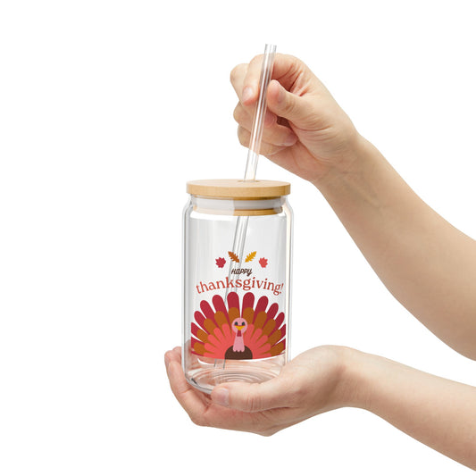 Happy Thanksgiving Sipper Glass - Fun 16oz Turkey Design with Bamboo Lid & Straw for Holiday Celebrations
